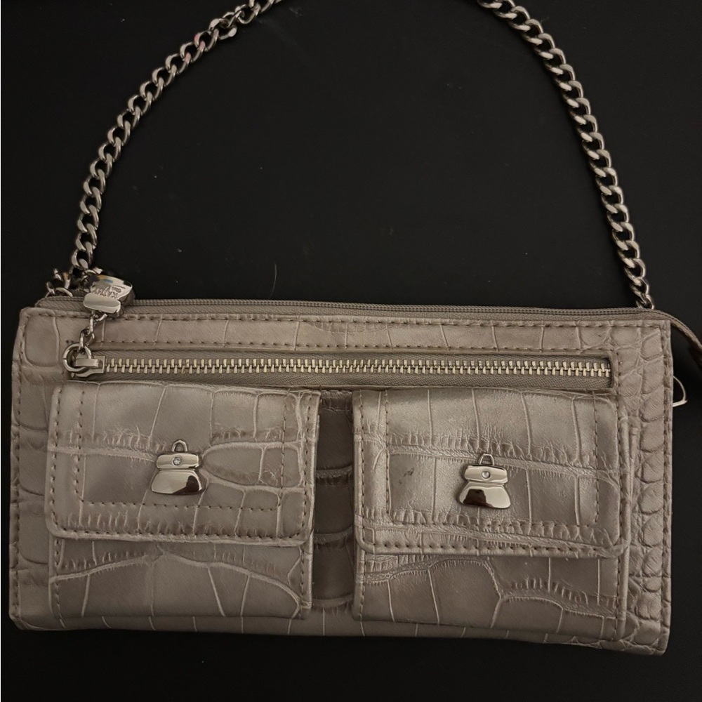 Kathy Van Zeeland Gray Crocodile-Embossed Wristlet with Chain Detail